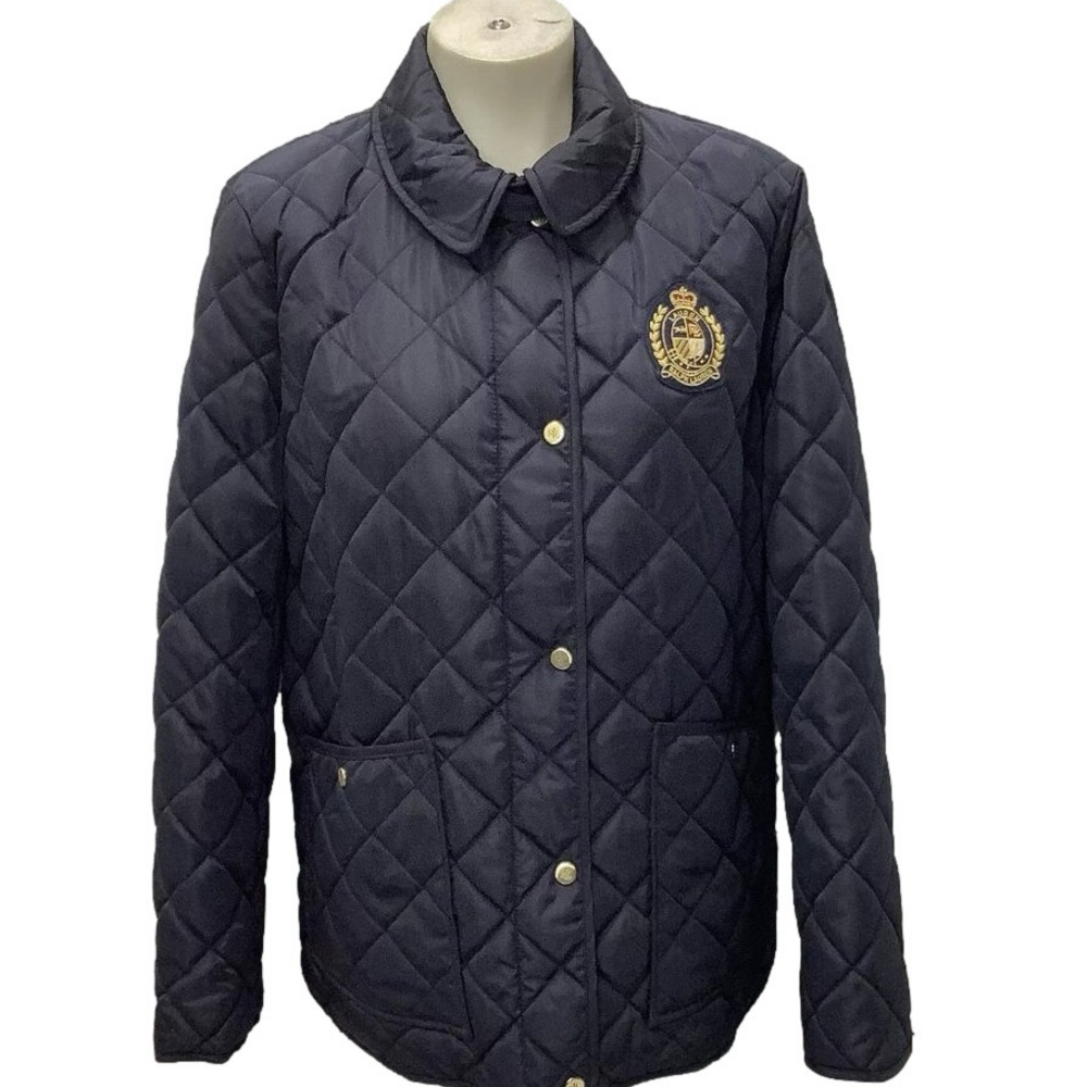 New Lauren Ralph Lauren Women's Jacket Quilted Logo Crest Patch Size L Navy